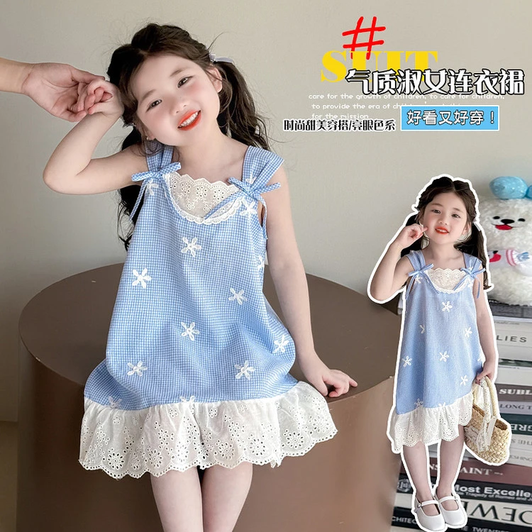 女童夏季连衣裙2025新款儿童超好看甜美公主裙宝宝蓝色格子吊带裙