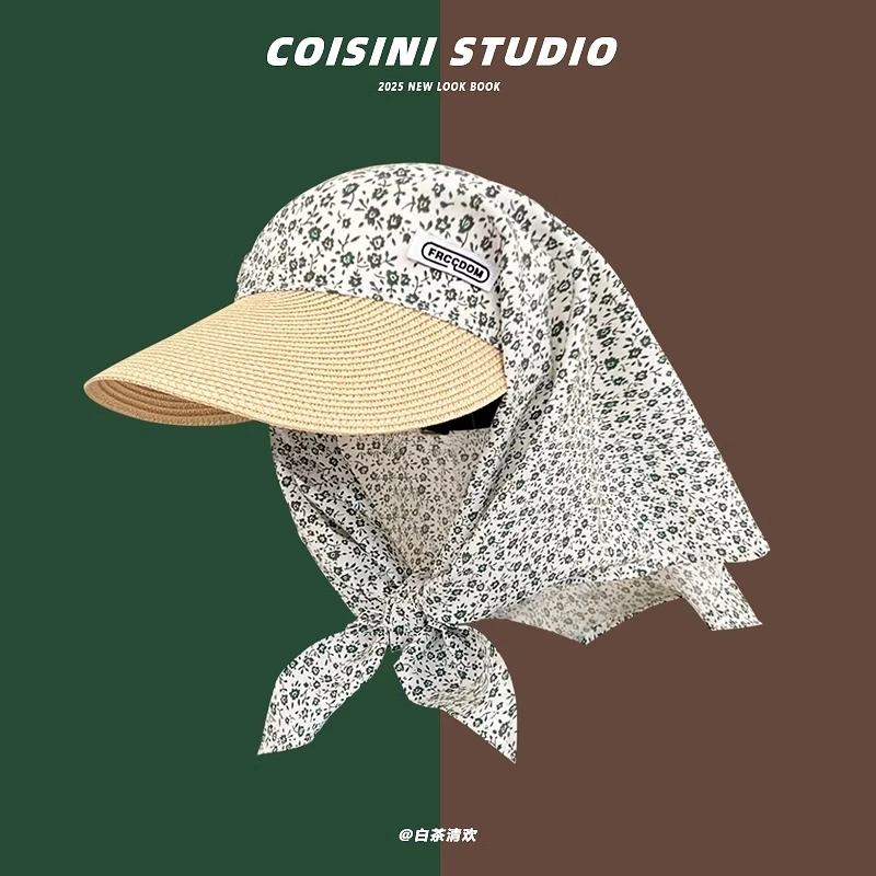 2025新款草编拼接碎花绑带头巾帽子女春夏出游遮阳防晒空顶鸭舌帽