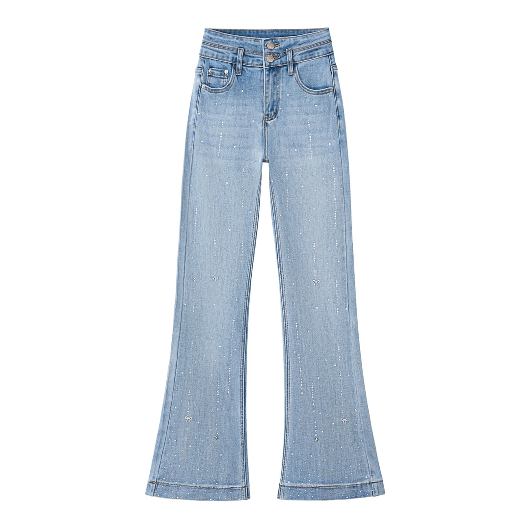 2025年早秋季新款牛仔裤子女士喇叭裤设计款烫钻高腰显瘦时尚1621