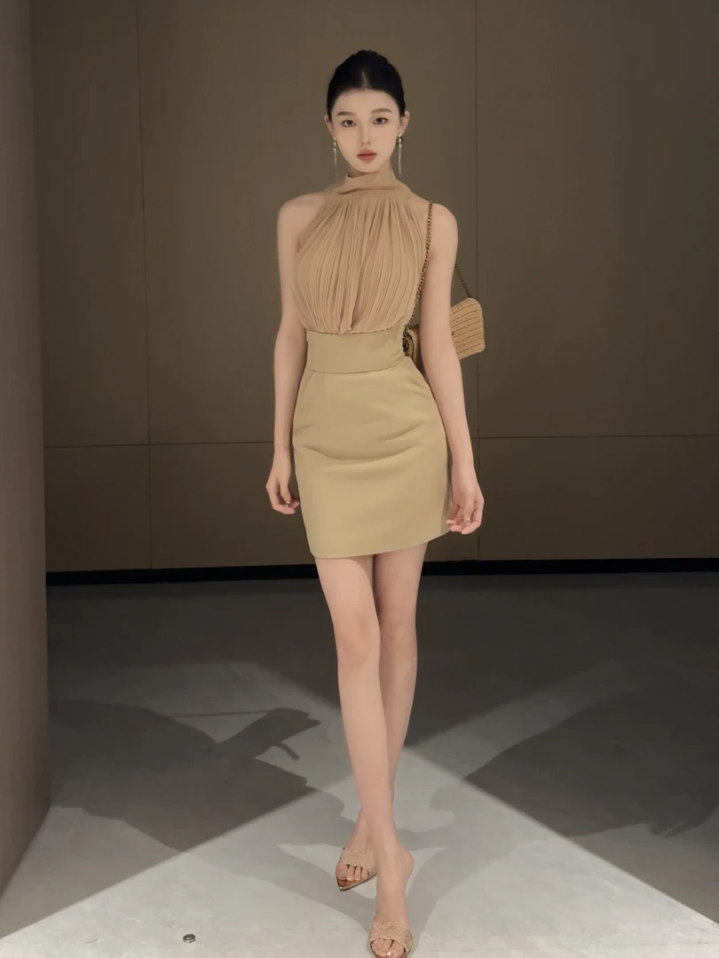 现货【春日部】飘带挂脖衬衫包臀裙两件套0941