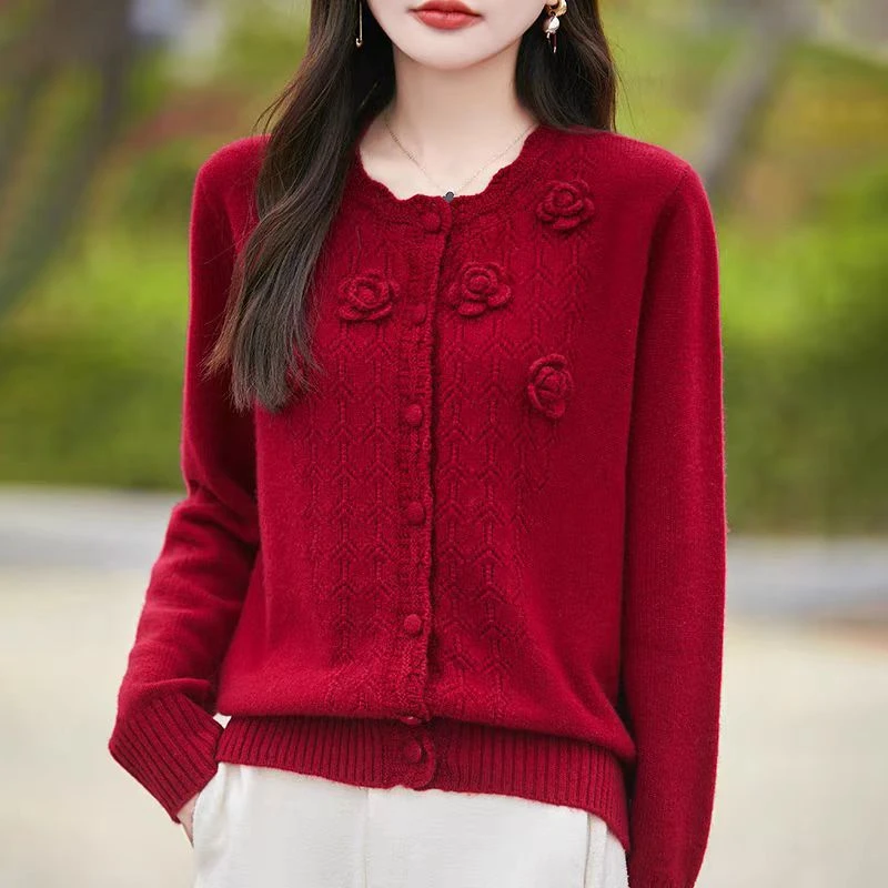 YS#手工花朵纯开衫女百搭温柔毛衣外套冬季圆领针织外搭DY11990