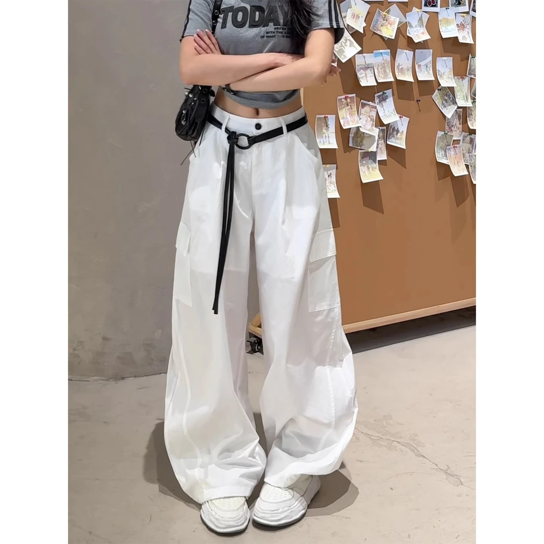 美式撞色腰带大口袋工装裤女夏季薄款高腰显瘦抽绳束脚阔腿休闲裤