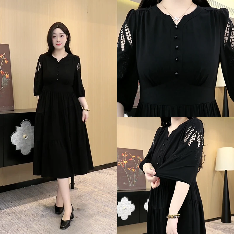 胖大盈大码定制女装黑色气质连衣裙夏季百搭显瘦七分袖裙子ZB6785
