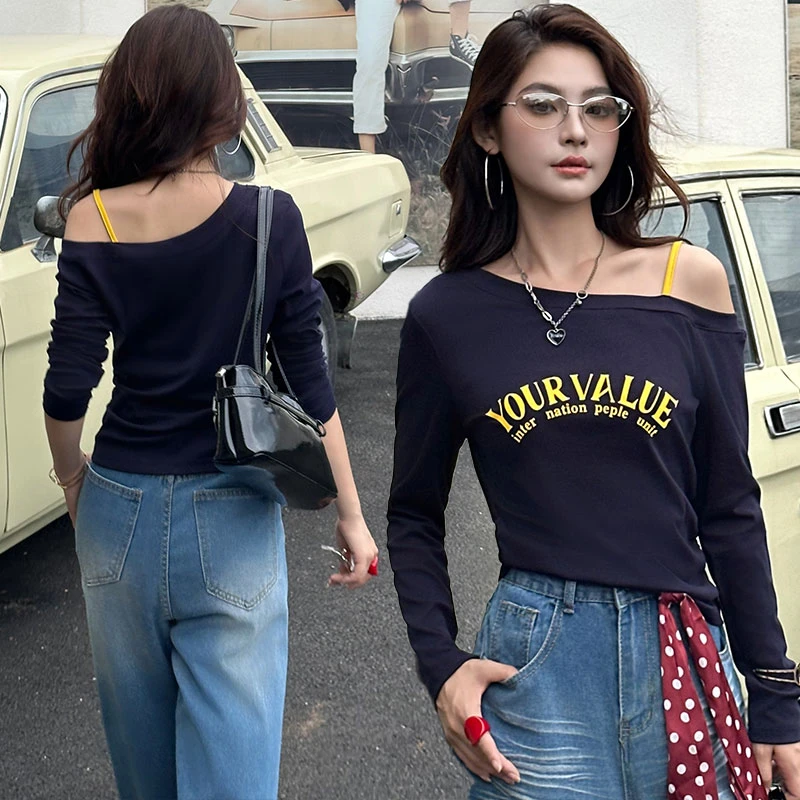 洋气减龄字母斜领长袖T恤女2025秋季新款小个子穿搭休闲上衣小衫