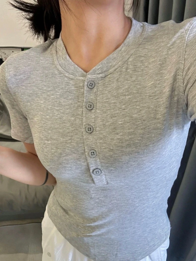 女式亨利领系扣短袖纯色拼接T恤打底衫百搭修身半袖显瘦运动休闲