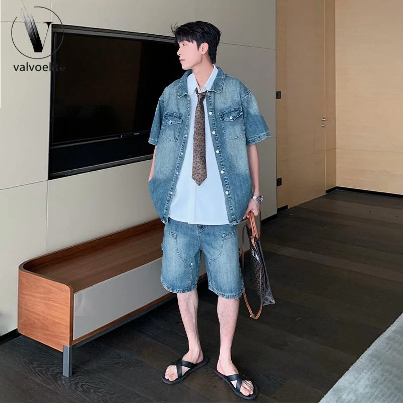 VALVOELITE男士牛仔衬衫短裤套装新款薄款短袖衬衣一整套帅气搭配