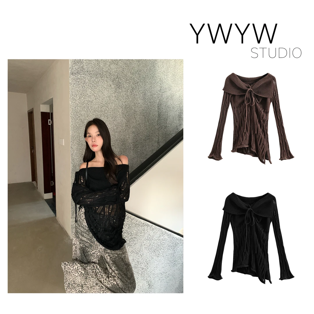 【YWYW25F/W】一字肩螺纹绑带镂空微喇袖毛针织衫5392