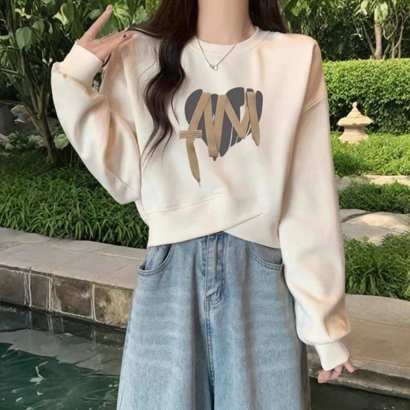 不规则圆领短款卫衣女秋冬季新款爆款美式小个子套头上衣