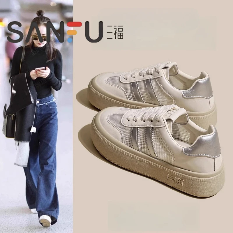 三福厚底透气德训女鞋女款2025夏季新款小白鞋百搭板鞋白色网面鞋