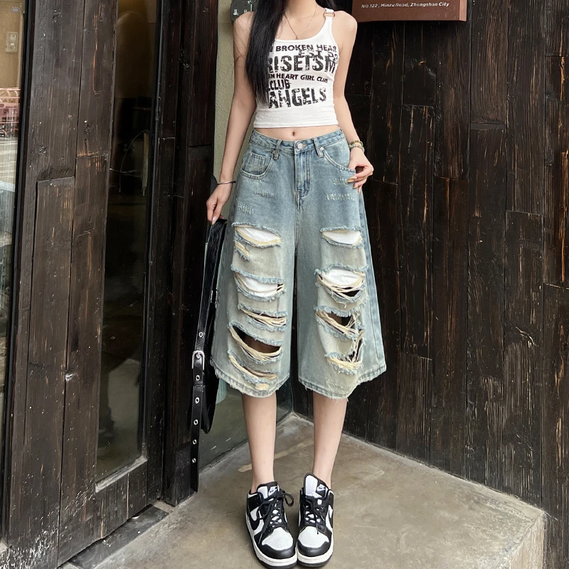美式街头破洞牛仔短裤女秋季新款复古设计感休闲宽松阔腿五分裤子