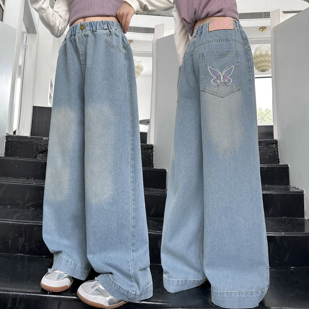 儿童牛仔裤春秋新款女童裤子中大童直筒阔腿女孩秋季休闲薄防蚊裤