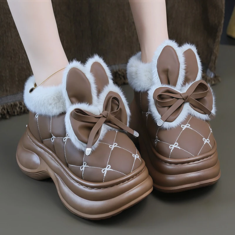 甜美蝴蝶结厚底棉拖鞋女冬季新款外穿增高保暖防水防滑包跟棉鞋