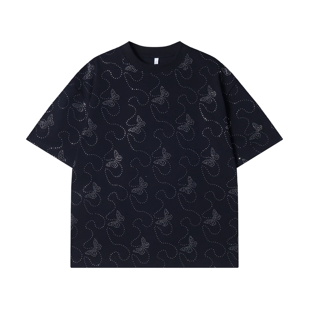 夏季新款高级感韩版蝴蝶烫钻圆领短袖T恤小众设计痞帅百搭上衣