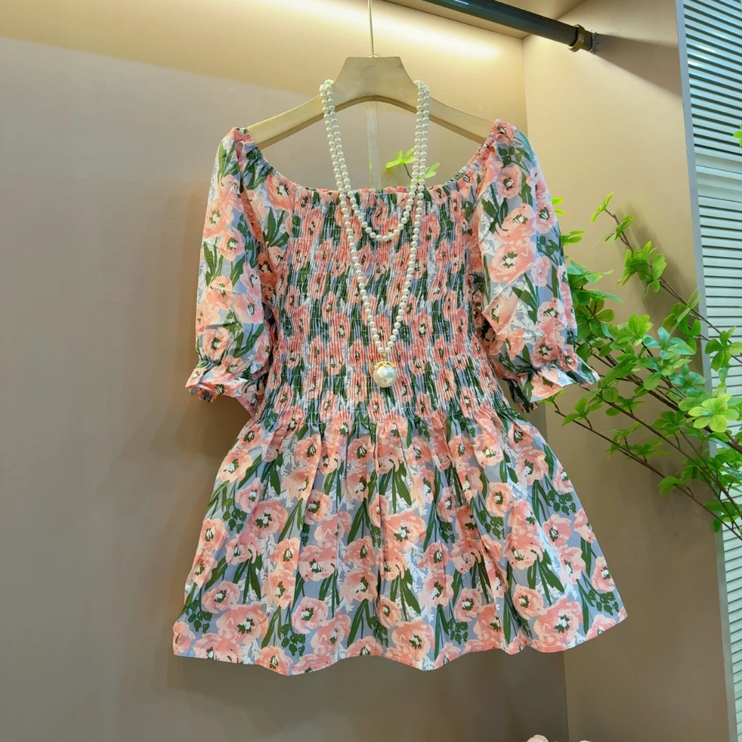 韩版小清新碎花短袖新款大码宽松遮肉显瘦方领上衣（长61左右）