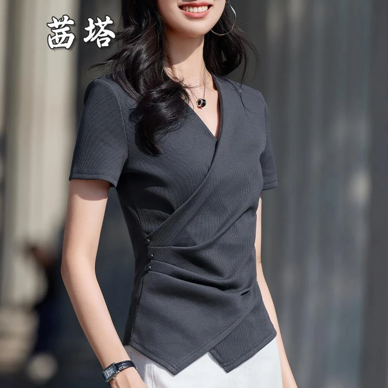 不规则V领短袖T恤女夏季2025新款高级灰色抽褶修身气质上衣体恤潮
