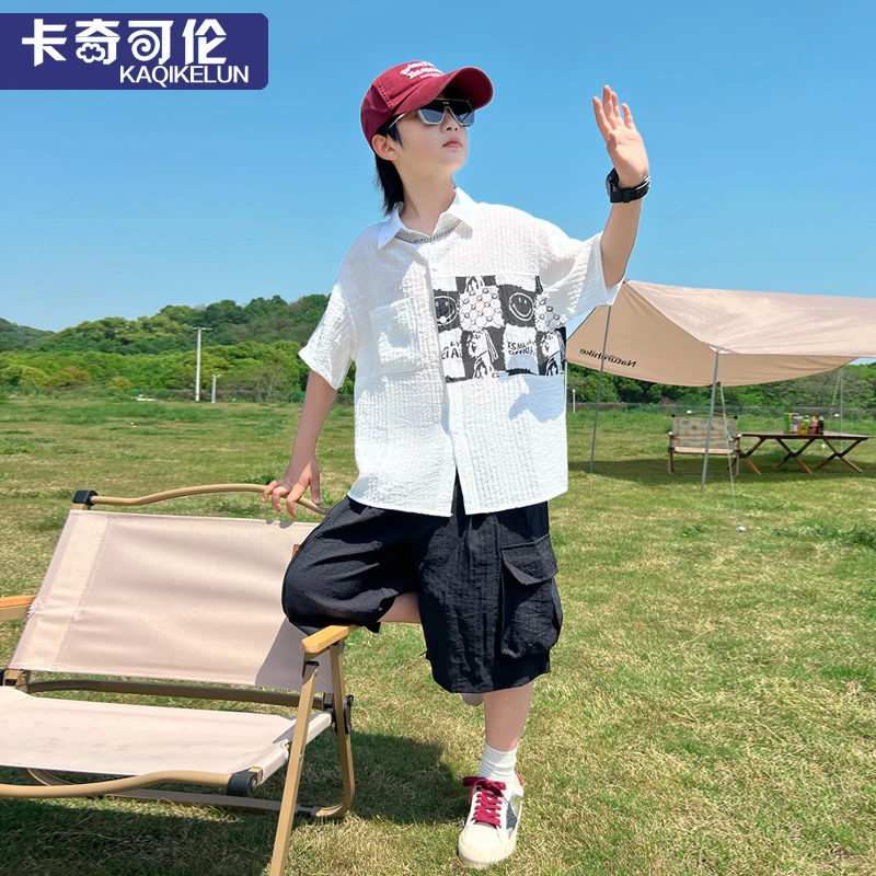 男童夏季套装2025新款儿童夏装薄款帅气中大童短袖衬衫男孩童装潮