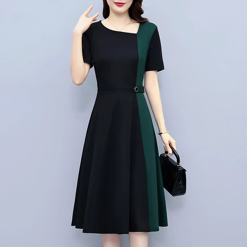 大码女装胖拼接撞色短袖修身显瘦中长款连衣裙夏季新款