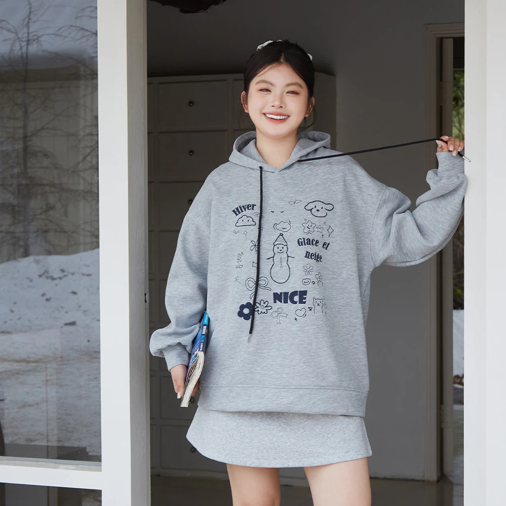 秋冬品质女装宽松加绒连帽套头卫衣 3997