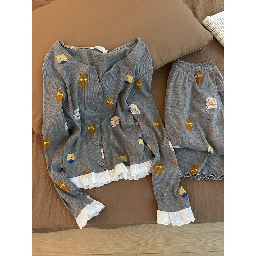 韩版小熊印花蕾丝花边睡衣女2025春秋新款长袖长裤家居服套装外穿