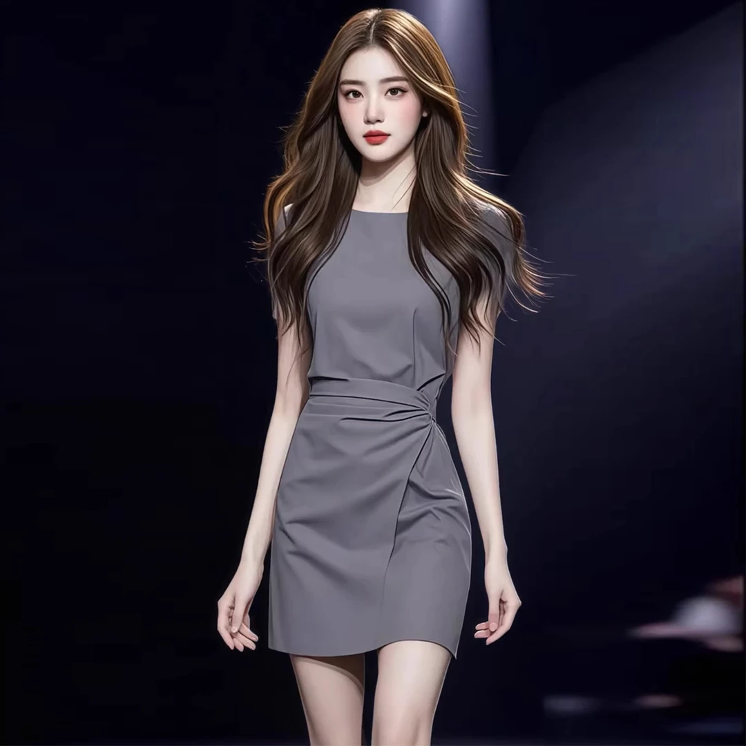 拉夏贝尔时尚后妈裙女2025夏季新款爆款气质收腰显瘦减龄法式短裙