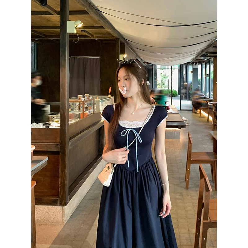 乌77温柔风蕾丝花边拼接u领连衣裙女设计感收腰显瘦a字长裙子夏