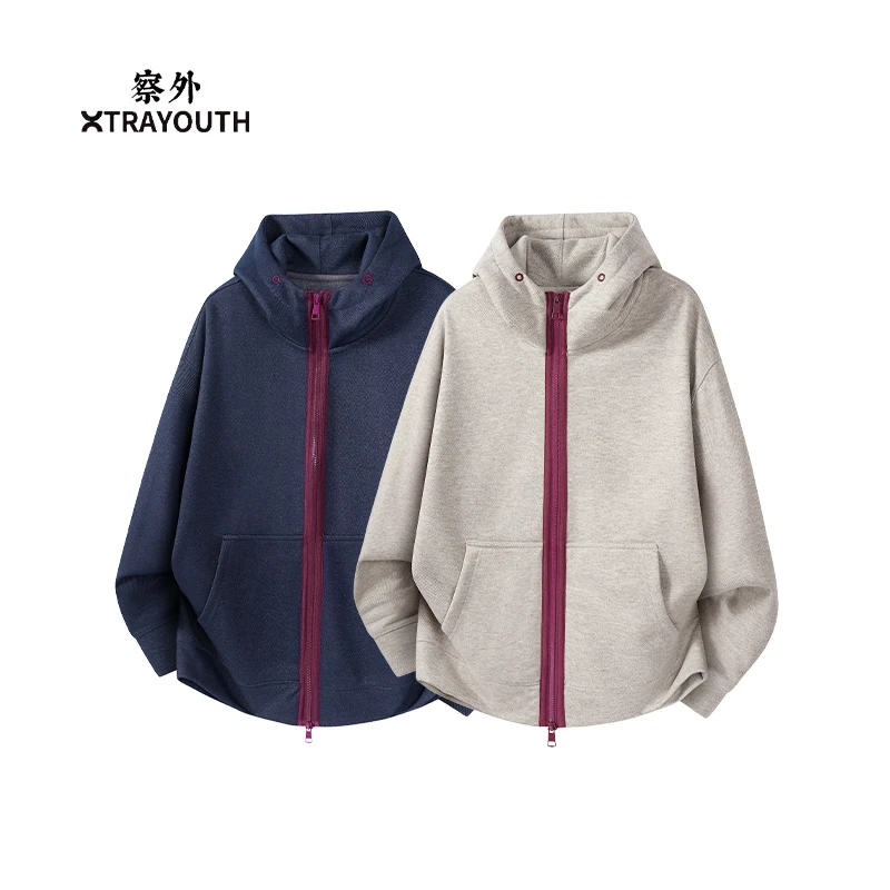 察外XY【小马红】羊毛醋酸夹克连帽卫衣开衫撞色休闲宽松百搭男女