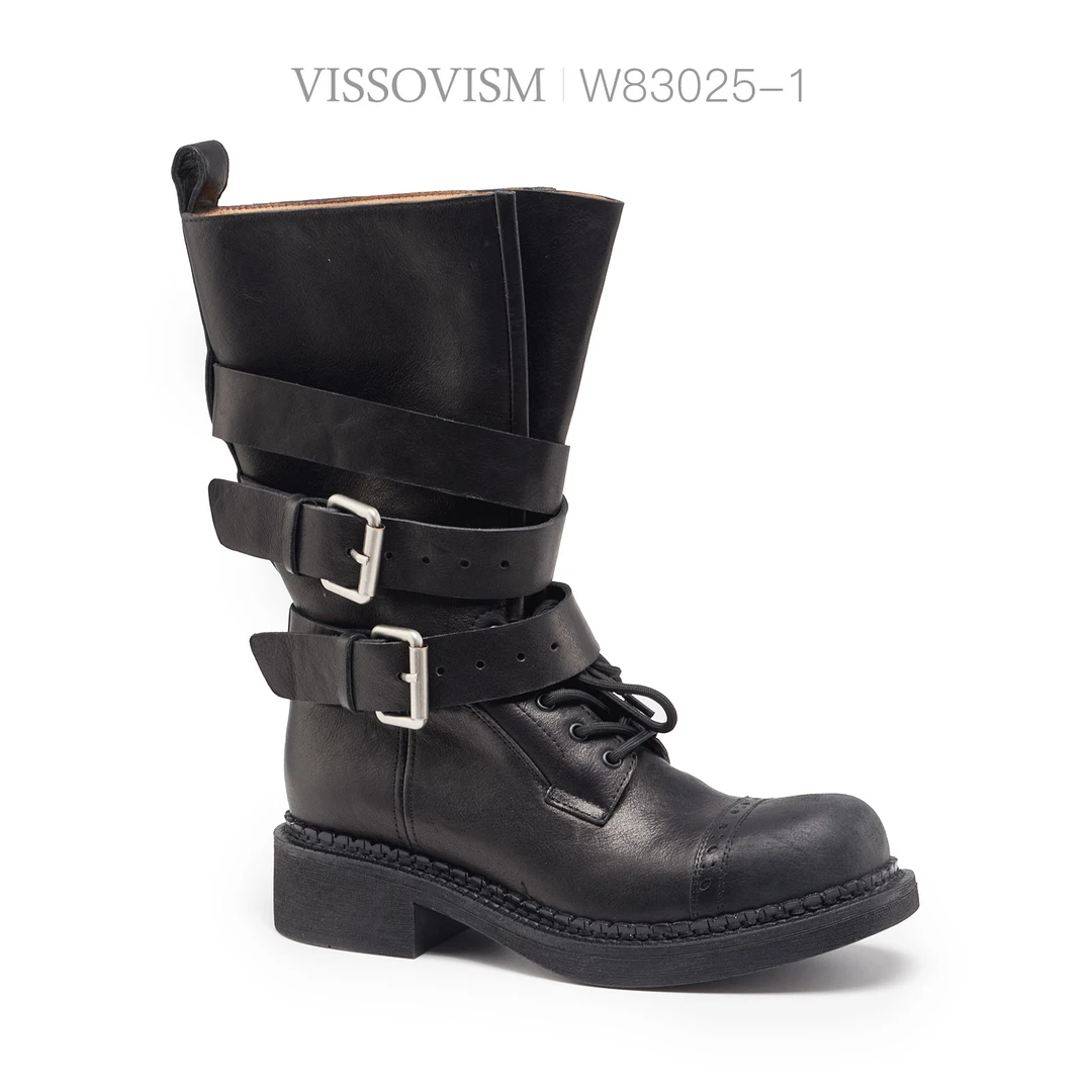 VISSOVISM欧美风中筒金属皮带扣马丁靴W83025