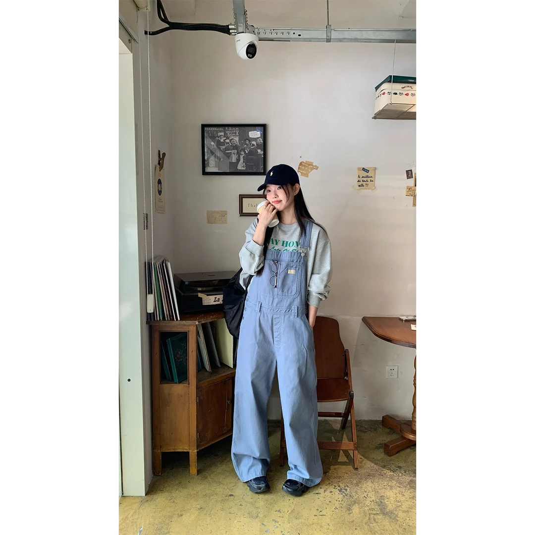 RAINY 韩国女高感宽松百搭减龄牛仔背带裤春秋女显瘦藏肉休闲裤