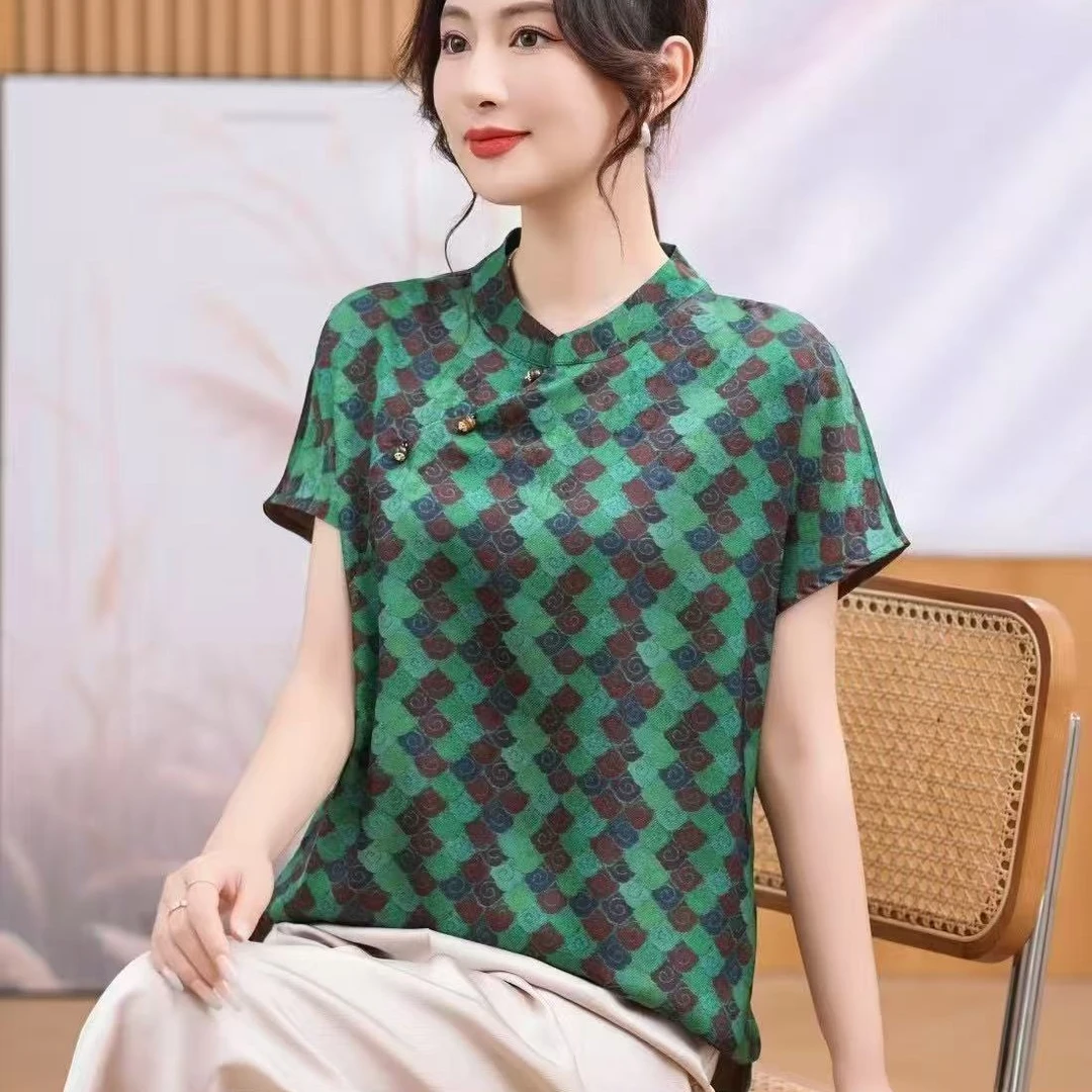妈妈装常规花色碎花印花立领短袖吸汗T恤通勤半袖