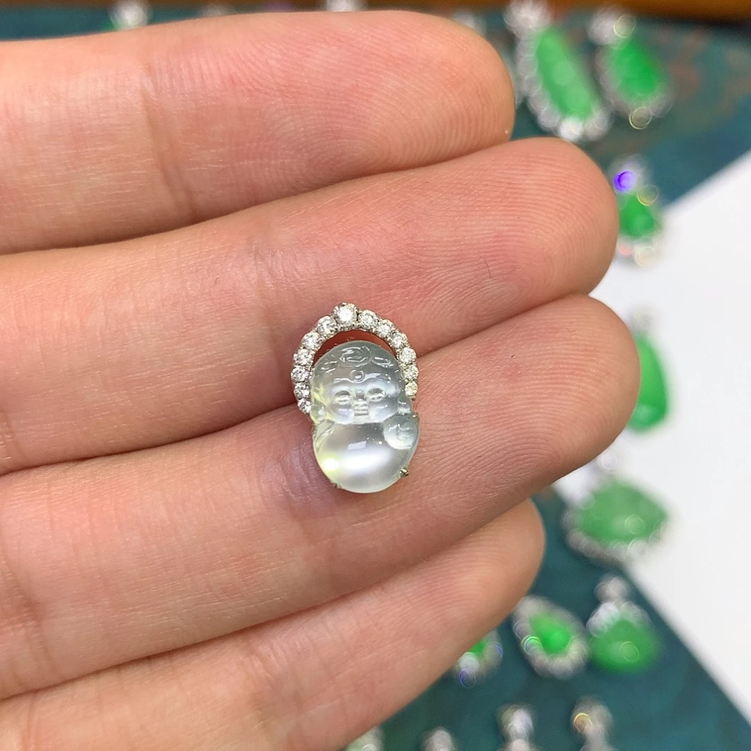 吊坠(不含链)18K金镶嵌翡翠白冰宝宝佛