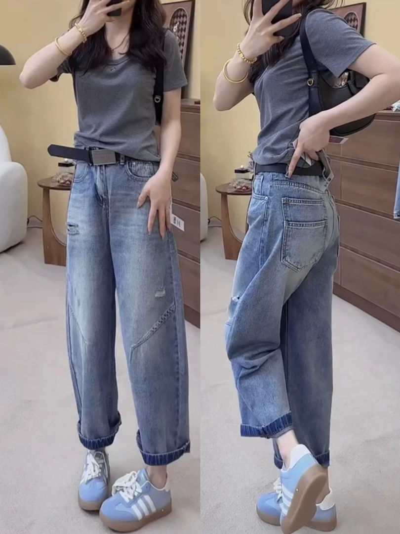 春季新款磨破洋气减龄捏褶弯刀牛仔裤大码女装梨形身材显瘦直筒裤