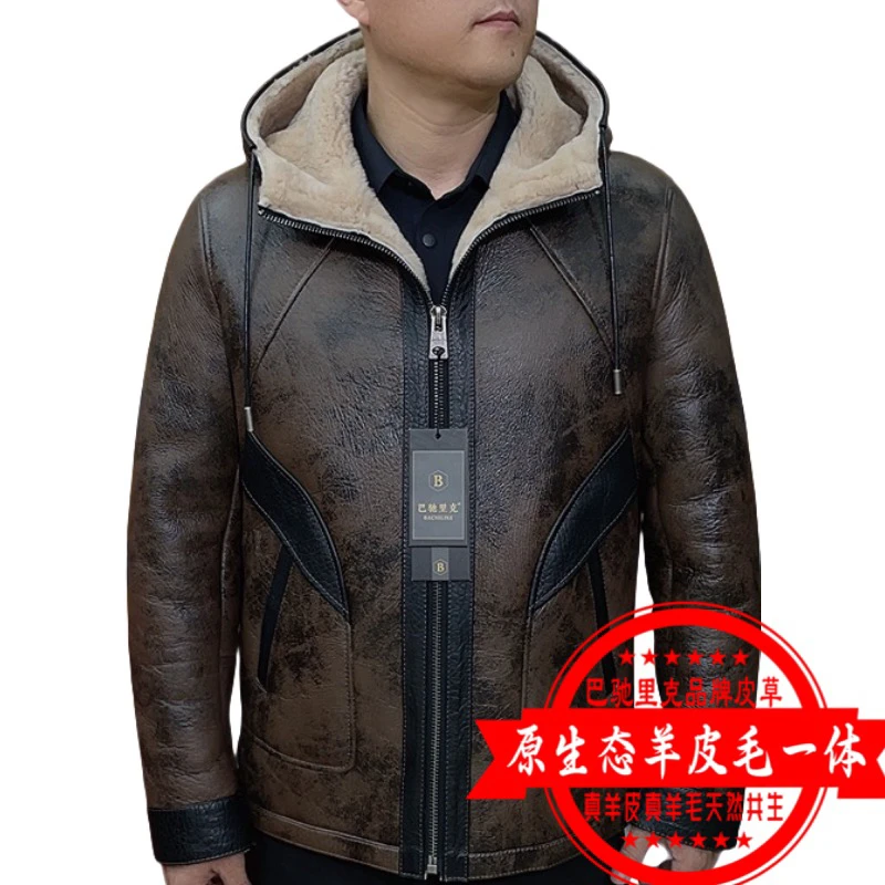 巴驰里克做旧复古羊皮毛一体帽原生态真羊皮毛男士冬保暖皮草夹克