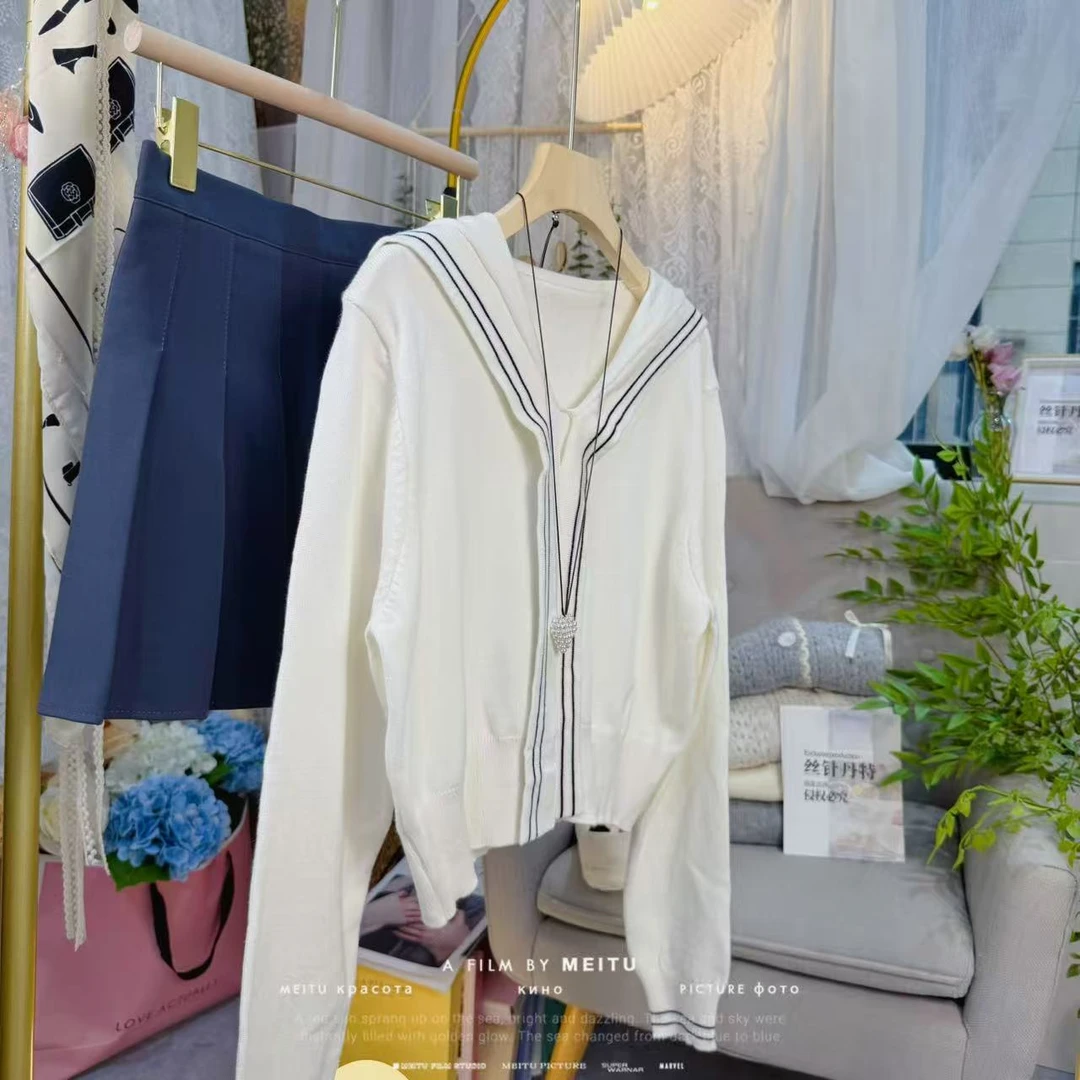 韩版时尚学院风海军领减龄针织衫女秋季新款洋气撞色套头百搭上衣