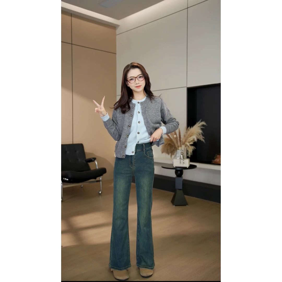 （现货）秋季新款高腰复古百搭时尚显瘦微喇牛仔裤-YJ85546