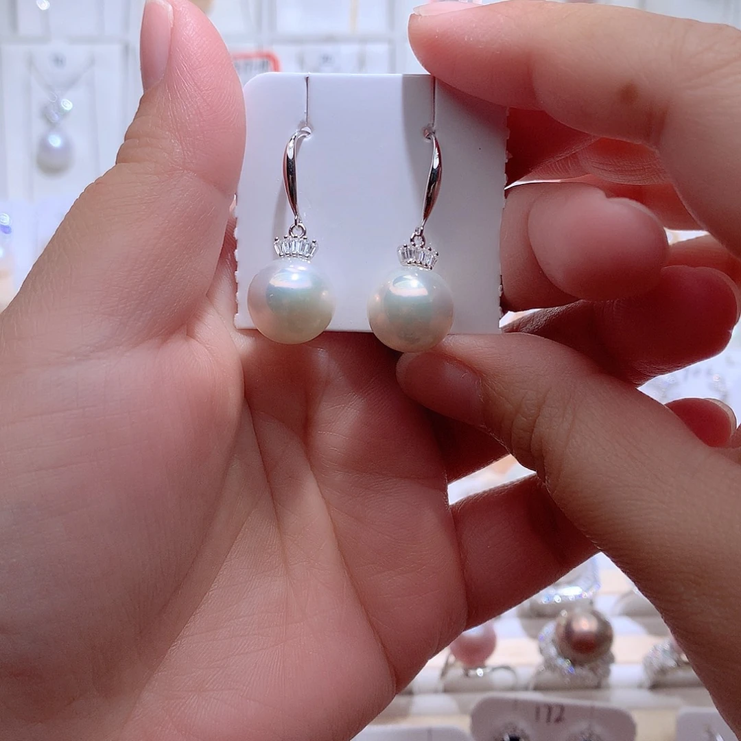 ****白淡水珍珠耳饰银S925镶嵌CC12.5mm