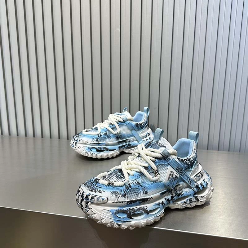 网红时尚轻奢涂鸦做旧老爹鞋2025年夏季款透气拼接网面舒适轮胎鞋