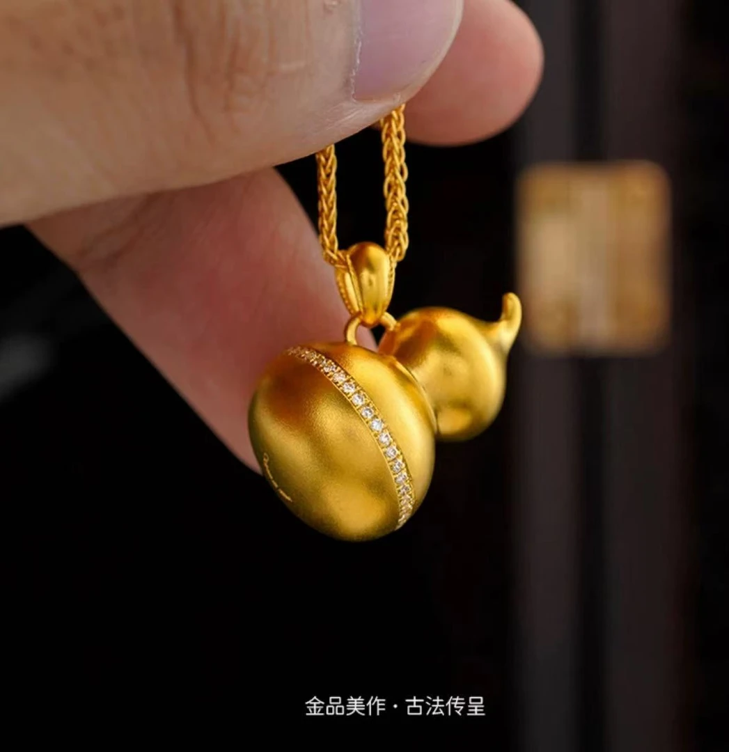 【钰辰珠宝】足金999 古法镶嵌斜挂福慧葫芦吊坠  福禄双全（不含链）