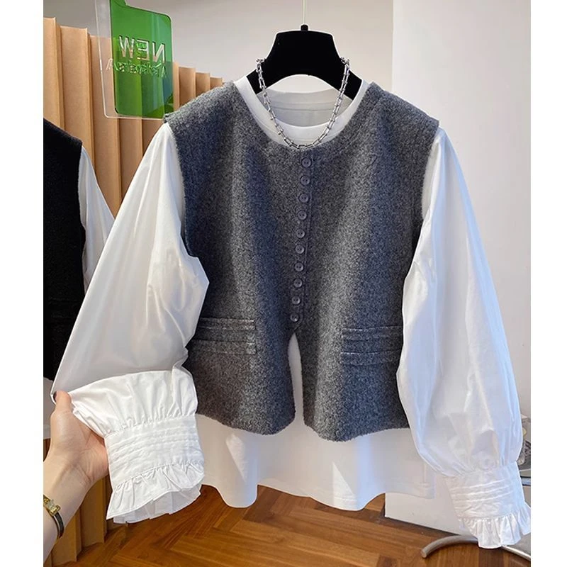 欧货灰色马甲加白色衬衫两件套女2025新款宽松叠穿圆领套装上衣春