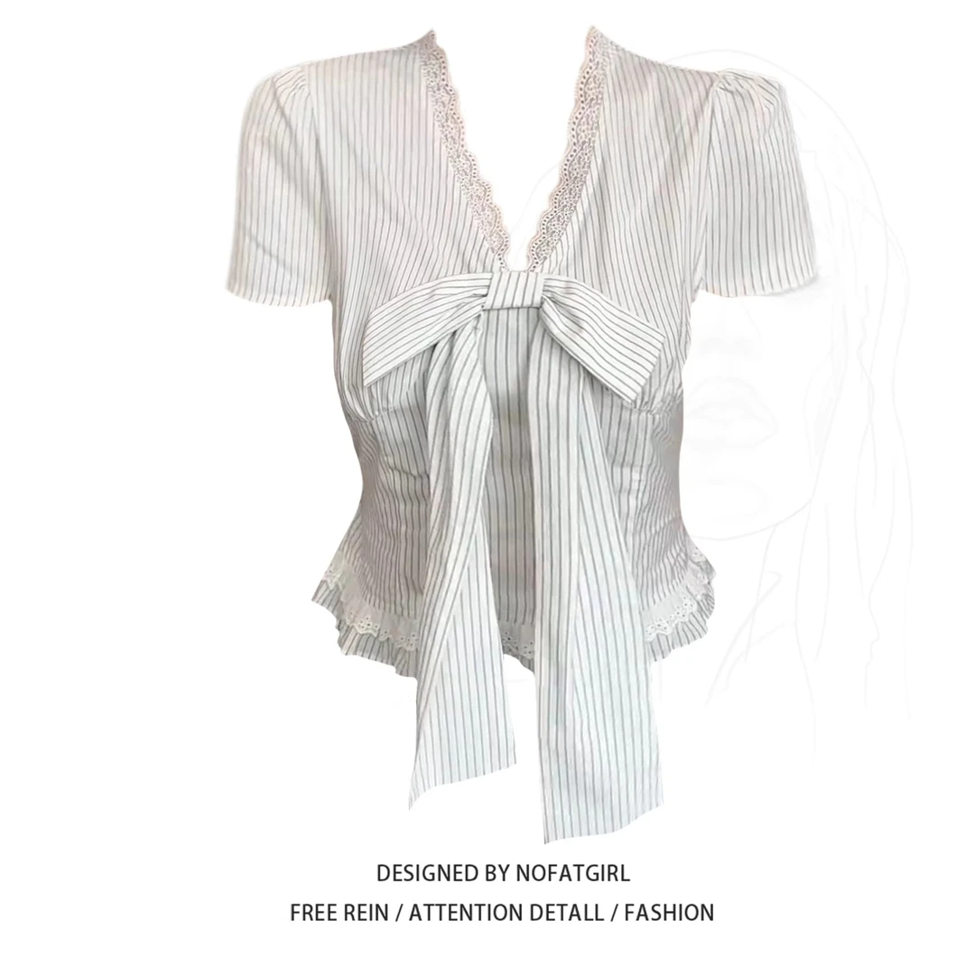 大码胖妹妹法式蝴蝶结蕾丝V领短袖衬衫女夏季设计感收腰绑带上衣