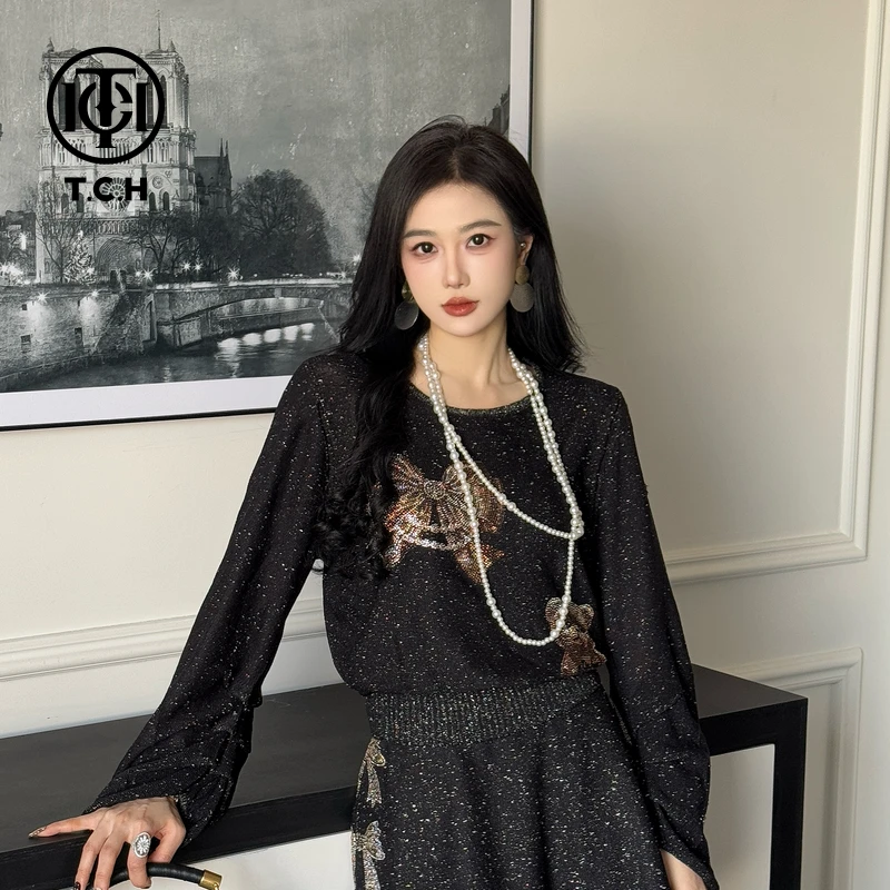 TCH现货烫钻工艺时尚圆领打底针织衫女T75A09E5018轻奢tch