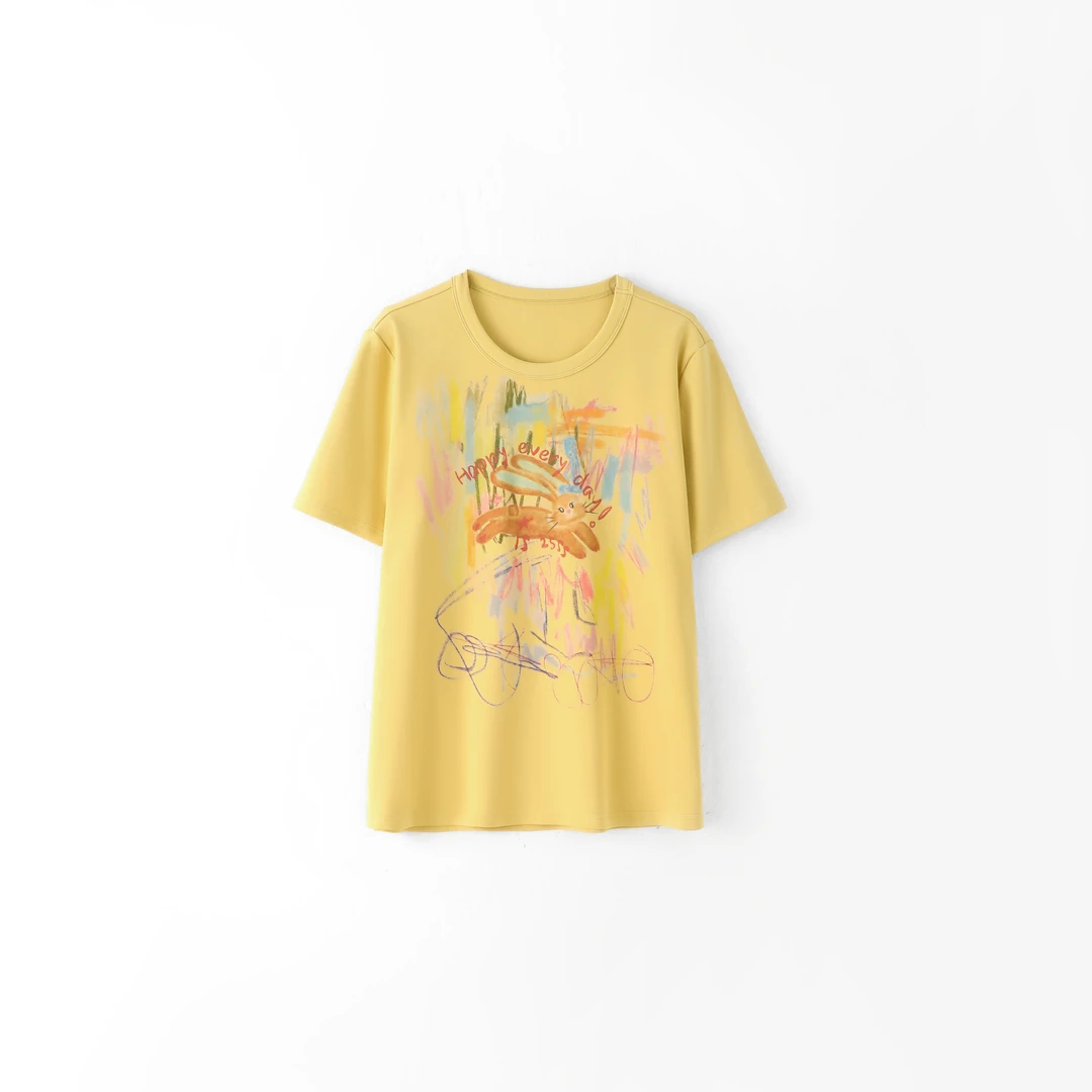 韩系休闲时尚百搭简约宽松舒适印花圆领短袖T恤女-M25202351