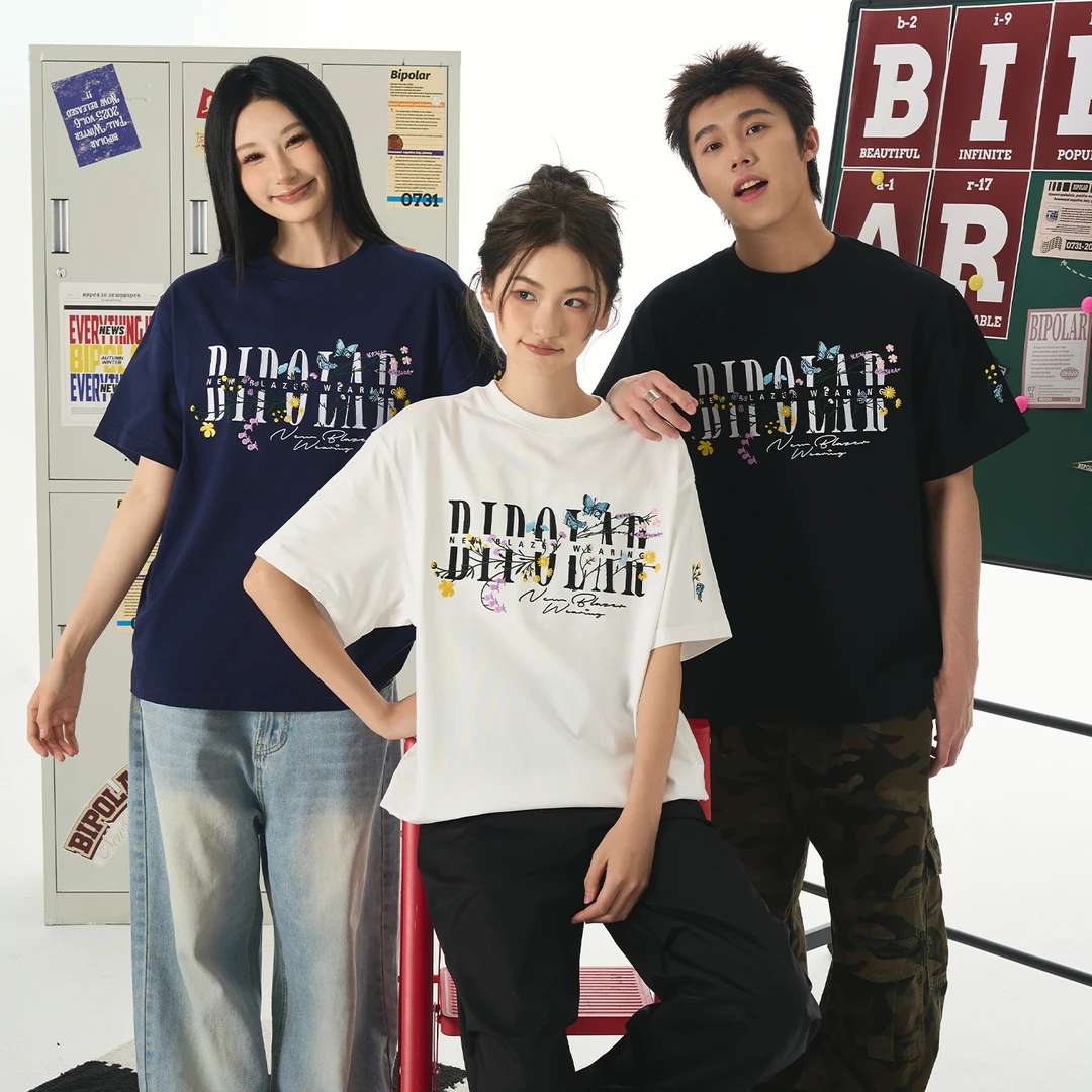 BIPOLAR刺绣花型美式潮牌宽松短袖T恤 11T001