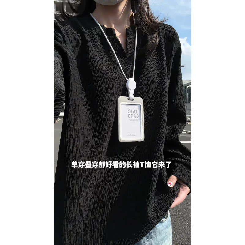 黑色肌理感v领重磅长袖t恤男春秋美式打底衫潮牌宽松情侣内搭上衣