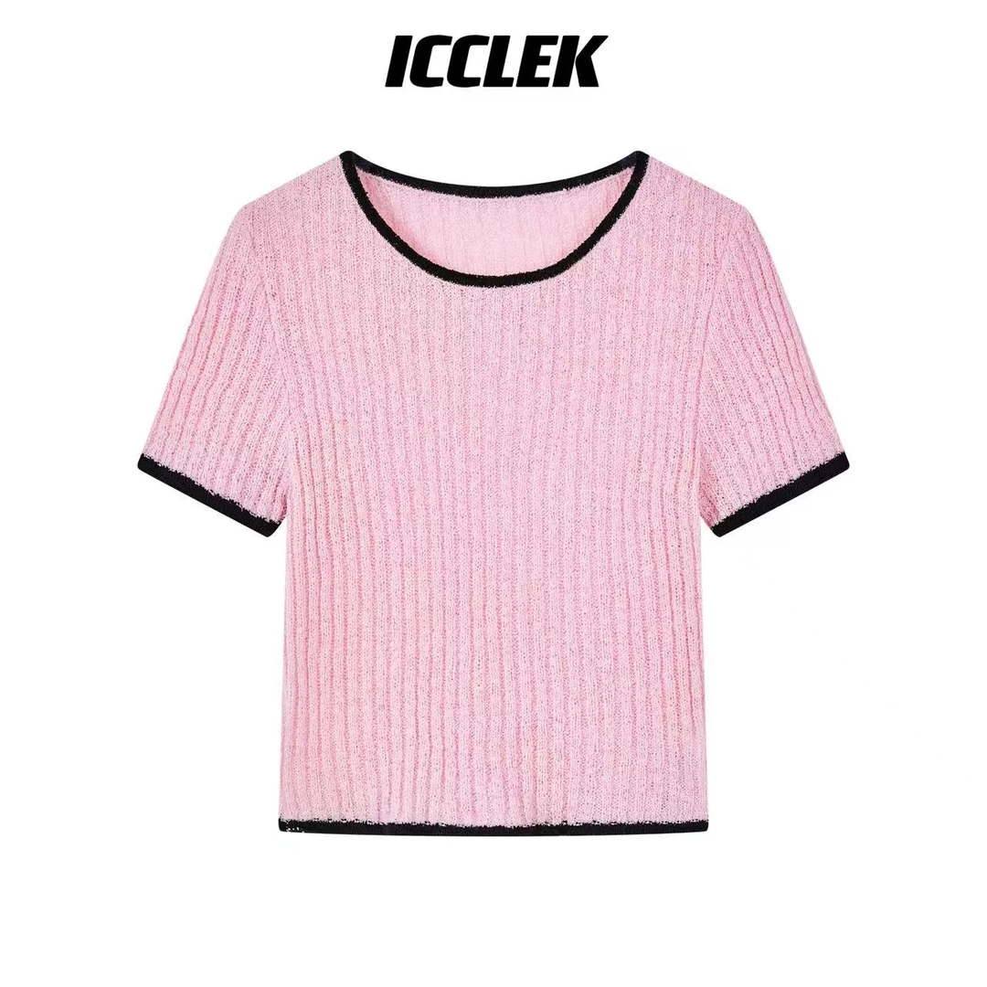 ICCLEK 粉色针织短袖时尚女装圆领夏季减龄宽松百搭气质上衣-2509
