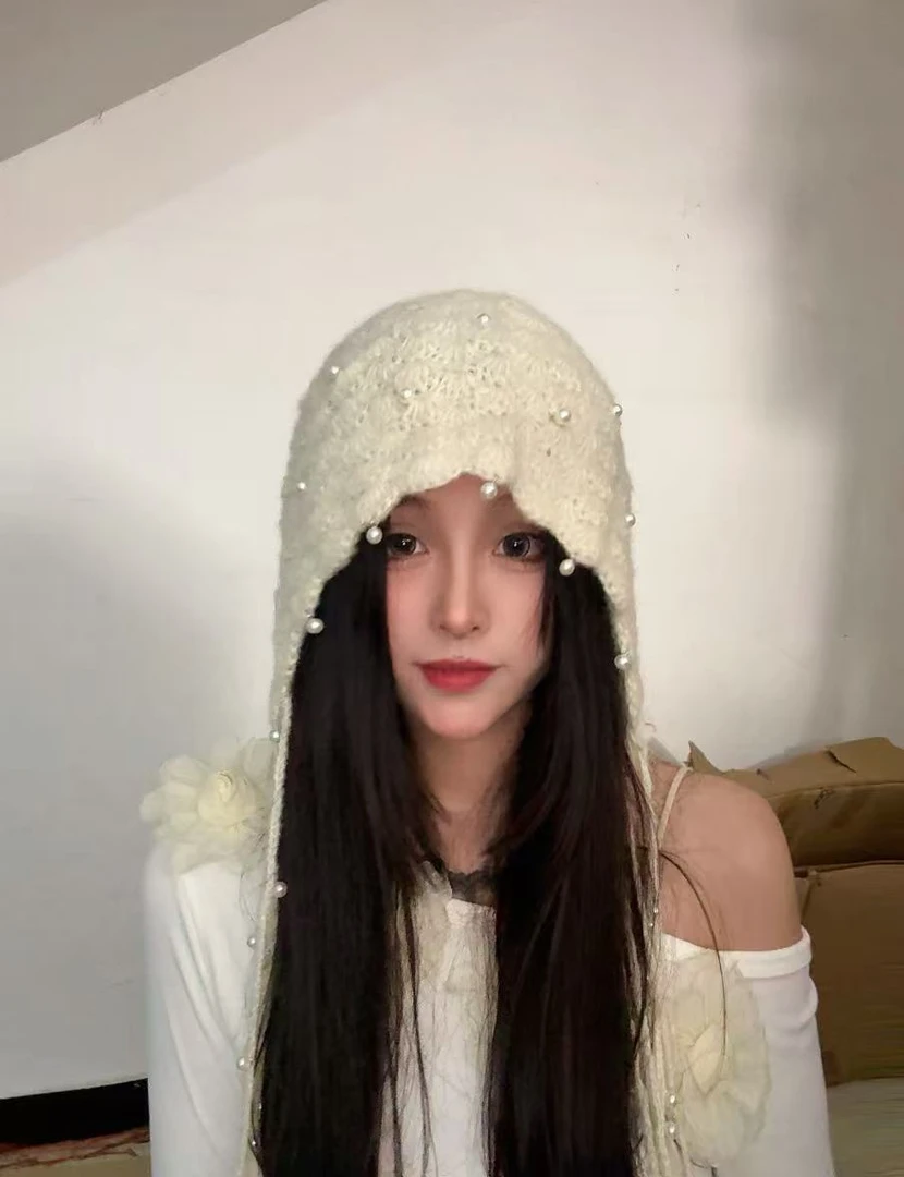 秋冬加厚民族风珍珠流苏套头帽女保暖护耳毛线帽出游百搭针织帽子