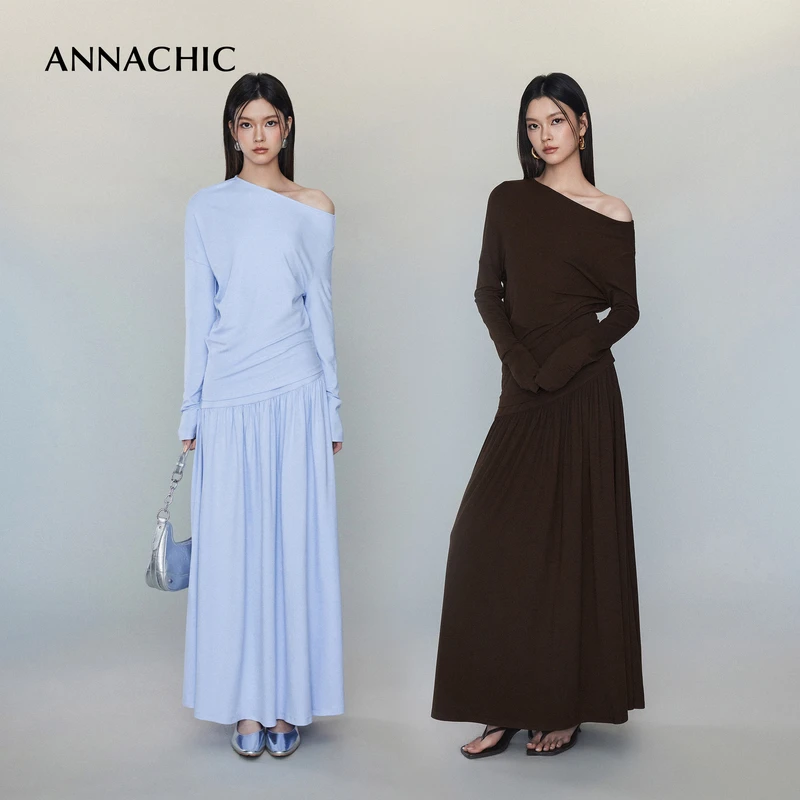 ANNACHIC性感斜肩T恤高腰显瘦半身裙女春季设计感时髦气质两件套