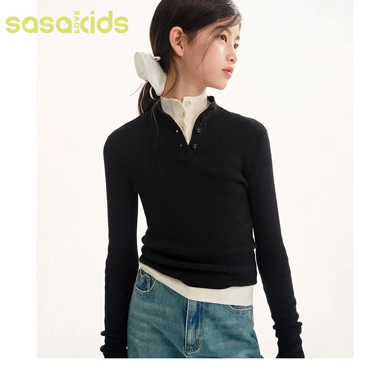 sasakids经典百搭黑白双色中高领气质显瘦休闲保暖毛衣打底衫女童