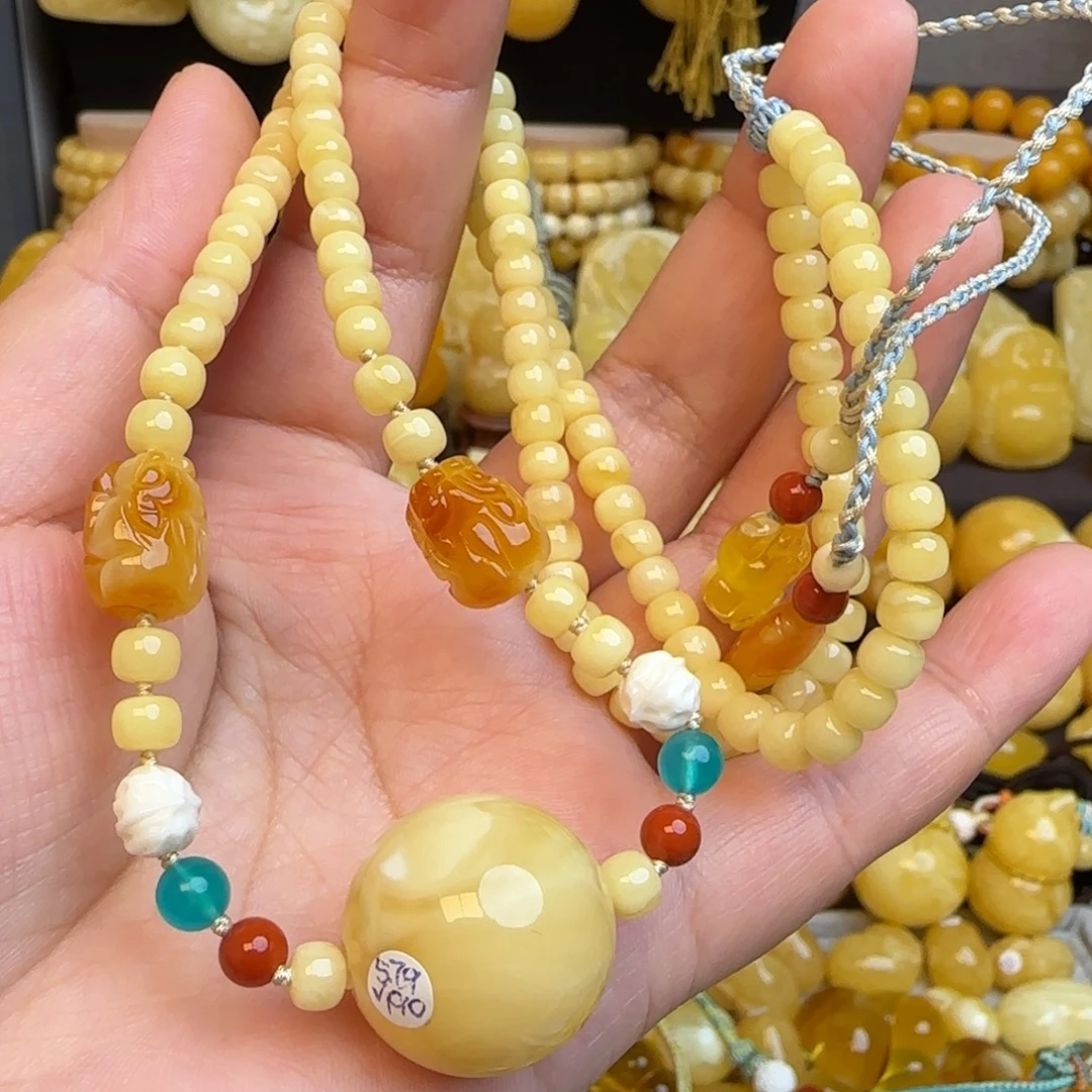 琥珀未镶嵌套链天然俄料浓蜡妖花蜜蜡圆珠锁骨