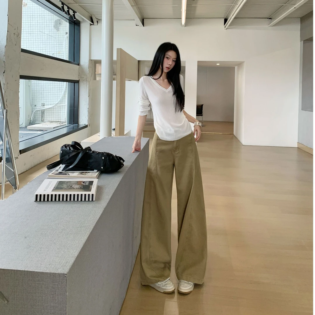 RSRE新款白色弯刀直筒宽松休闲阔腿牛仔裤