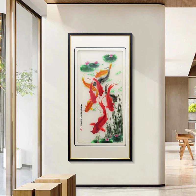 新中式装饰画玄关沙发背景墙画山水挂画刺绣成品九鱼图80160